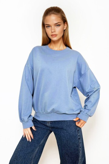 Gök Mavi Bisiklet Yaka Oversize Mevsimlik Basic Sweatshirt