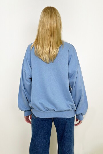 Gök Mavi Bisiklet Yaka Oversize Mevsimlik Basic Sweatshirt