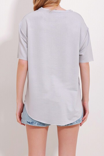 Gri Bisiklet Yaka Oval Kesim Modal T Shirt