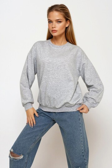 Gri Bisiklet Yaka Oversize Mevsimlik Basic Sweatshirt