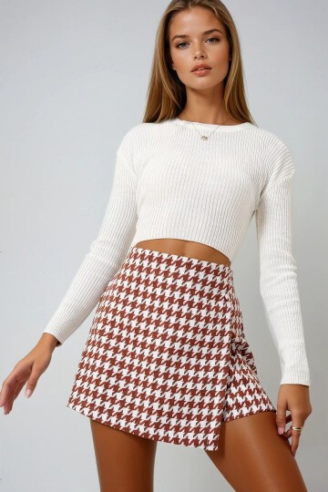 Kahve Kazayağı Desenli Yanı Fermuarlı Şort Etek