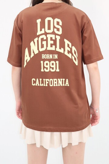 Kahverengi Bisiklet Yaka Baskılı Oversize T Shirt