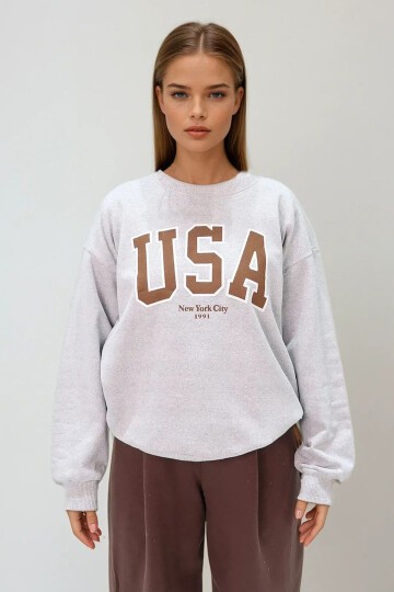 Kahverengi Bisiklet Yaka İçi Şardonlu Önü Baskılı Oversize Sweatshirt