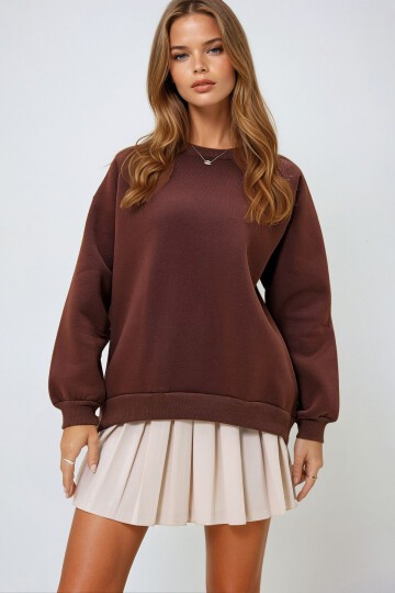 Kahverengi Bisiklet Yaka Reglan Kol Üç İplik Şardonlu Basic Sweatshırt