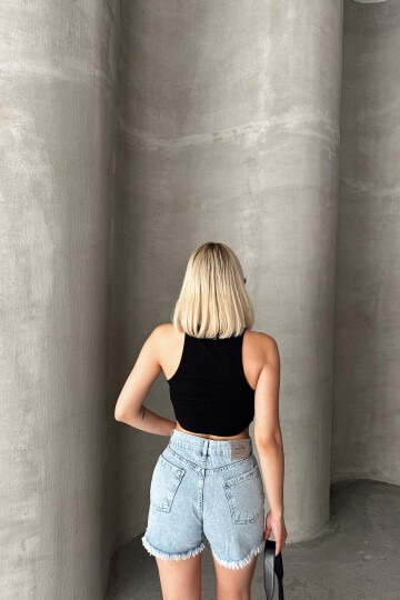 Mavi Beş Cepli Taş İşlemeli Paçası Püsküllü Denim Şort