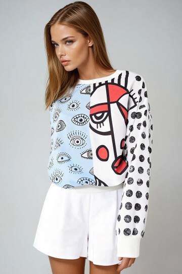 Mavi Dijital Baskılı Sweatshirt