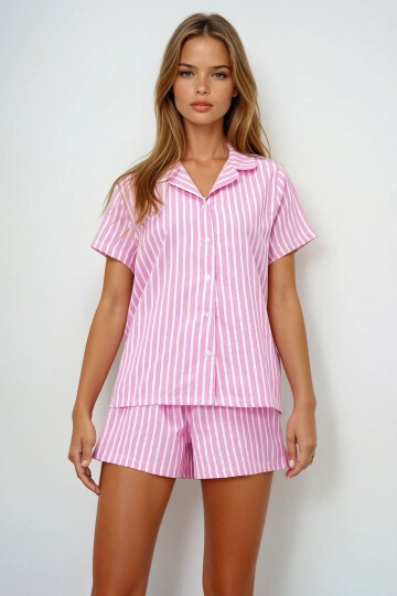 Pembe Yazlık Pamuk Örme Gömlek Ve Şort Pijama Takım