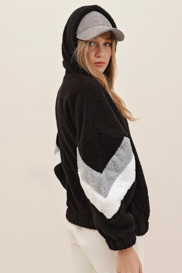 Siyah-Gri Kapüşonlu Fermuarlı Kolları Renk Bloklu Oversize Peluş Sweatshirt
