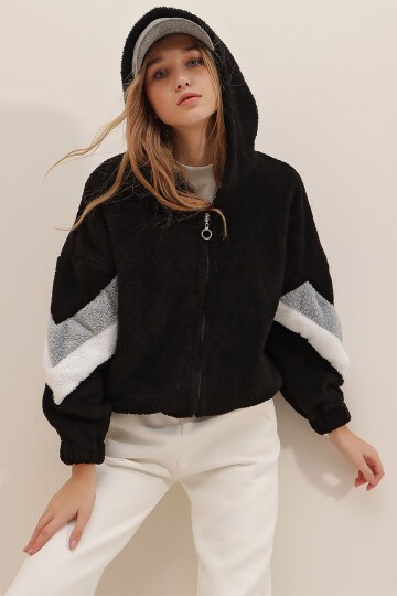 Siyah-Gri Kapüşonlu Fermuarlı Kolları Renk Bloklu Oversize Peluş Sweatshirt