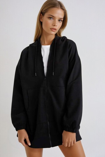 Siyah Kapüşonlu Çift Cepli Fermuarlı Oversize Sweatshirt