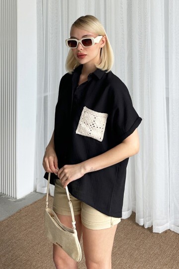 Siyah Kroşeta Cepli Oversize Keten Gömlek
