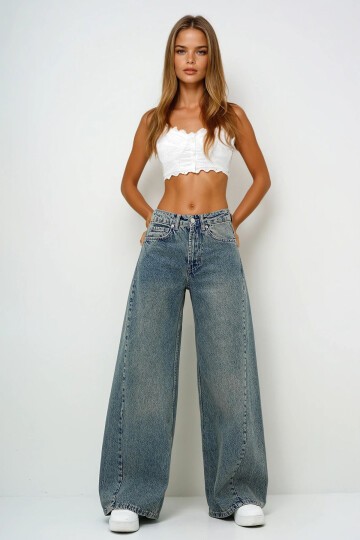 Yeşil Yüksek Bel Vintage Yıkamalı Buggy Kesim Jean Pantolon