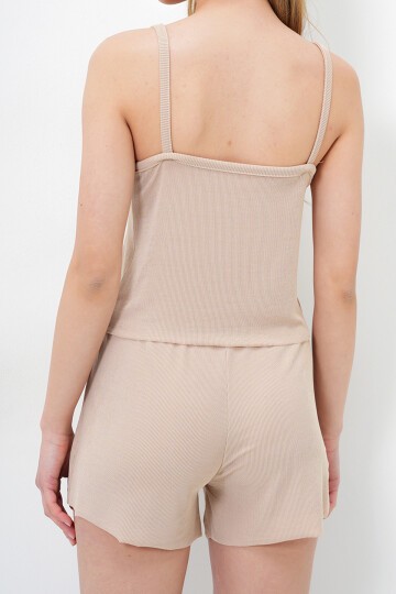 Bej İp Askılı Dantel Detaylı Bluz, Şort Ve Pantolonlu 3 Lü Set Pijama Takımı
