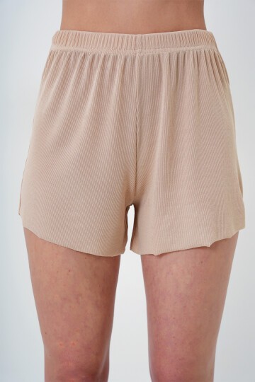 Bej İp Askılı Dantel Detaylı Bluz, Şort Ve Pantolonlu 3 Lü Set Pijama Takımı