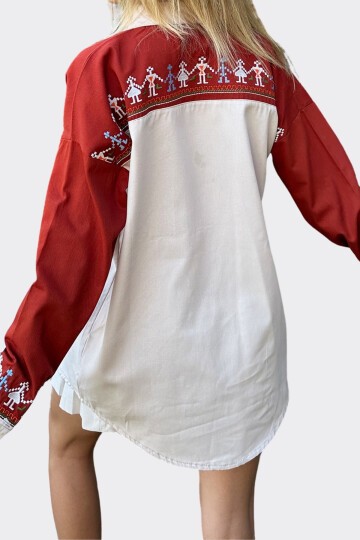 Bej Nakışlı Renk Bloklu Oversize Gabardin Ceket