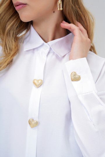 Beyaz Kalp Düğmeli Oversize Poplin Gömlek