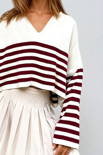 Bordo Polo Yaka Çizgili Crop Kazak