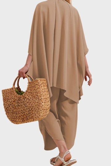 Camel Paçası Yırtmaçlı Kendinden Dokulu Pantolon Ve Ceket İkili Takım