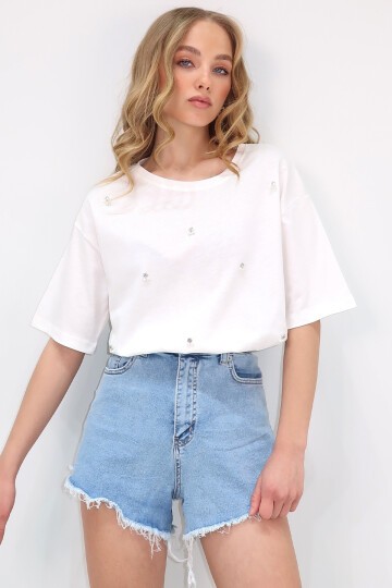 Ekru Bisiklet Yaka Oversize İnci Ve Taş İşlemeli T-Shirt