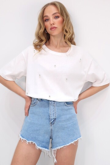 Ekru Bisiklet Yaka Oversize İnci Ve Taş İşlemeli T-Shirt