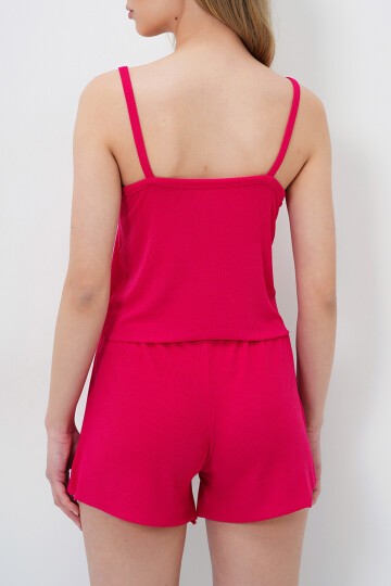 Fuşya İp Askılı Dantel Detaylı Bluz, Şort Ve Pantolonlu 3 Lü Set Pijama Takımı