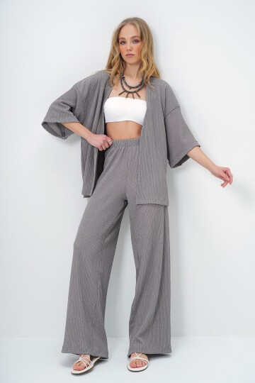 Gri Duble Kol Bürümcük Kumaş Yazlık Kimono Ve Pantolon Takım