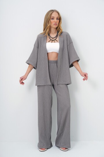 Gri Duble Kol Bürümcük Kumaş Yazlık Kimono Ve Pantolon Takım