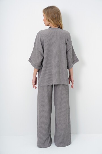 Gri Duble Kol Bürümcük Kumaş Yazlık Kimono Ve Pantolon Takım