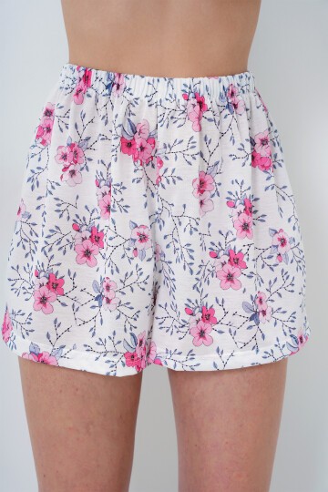 Gri   Pembe Çiçek Desenli Örme Pamuklu Gömlek Ve Şort Pijama Takımı