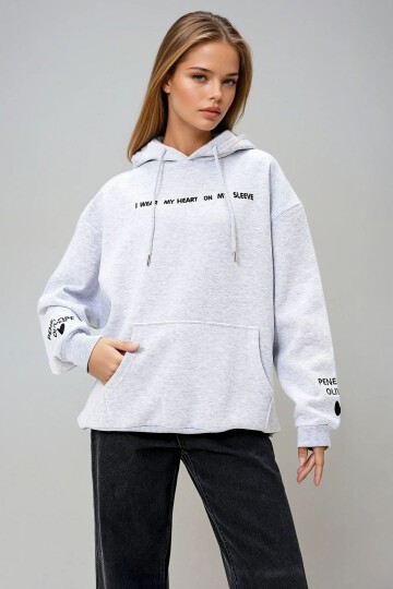 Grimelanj Kapüşonlu Önü Ve Kolları Nakışlı 3 İplik Şardonlu Sweatshirt