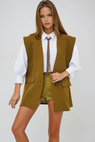 Haki Çift Yırtmaçlı Tek Düğme Oversize Dokuma Çoban Yelek