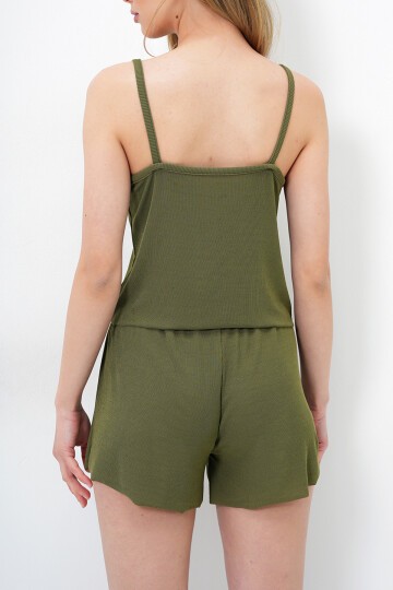 Haki İp Askılı Dantel Detaylı Bluz, Şort Ve Pantolonlu 3 Lü Set Pijama Takımı