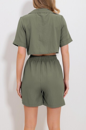Haki Polo Yaka Crop Bluz Ve Şortlu Dokuma Alt Üst Takım