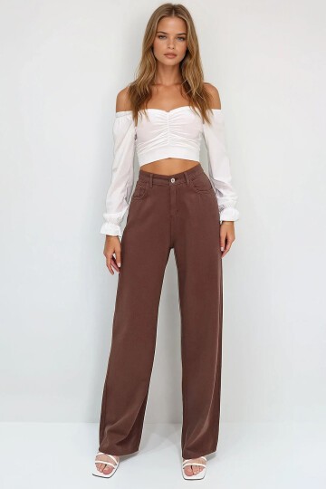 Kahverengi Yüksek Bel Beş Cepli Wide Leg Yazlık Gabardin Pantolon