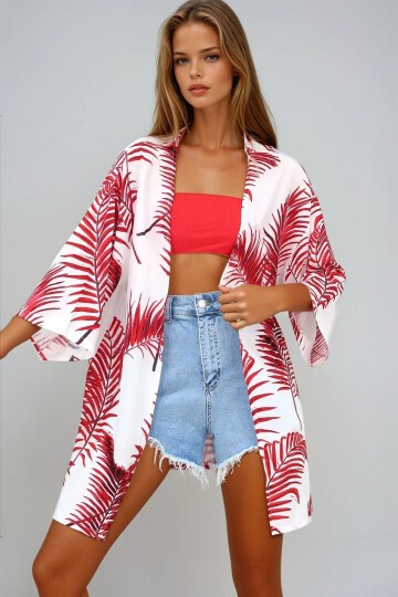 Kırmızı Desenli Kimono Ceket