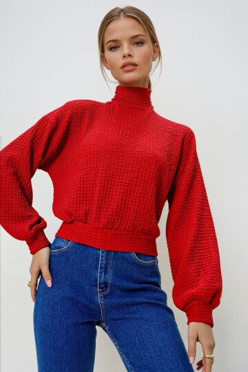 Kırmızı Yarım Balıkçı Yaka Bürümcük Crop Bluz