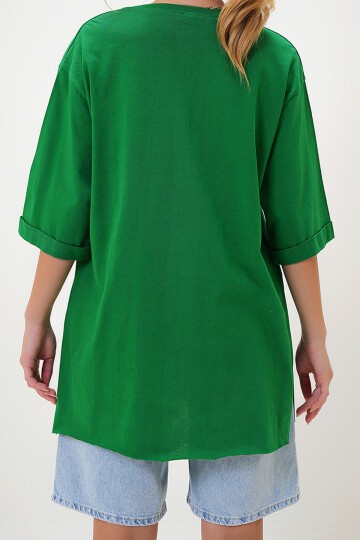 Koyu Yeşil Bisiklet Yaka Duble Kol Oversize Pamuklu Basic T Shirt