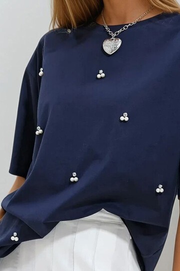 Lacivert Bisiklet Yaka Oversize İnci Ve Taş İşlemeli T Shirt