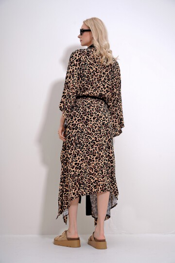 Bej Leopar Desenli Körük Kemerli Maxi Boy Kimono Kaftan