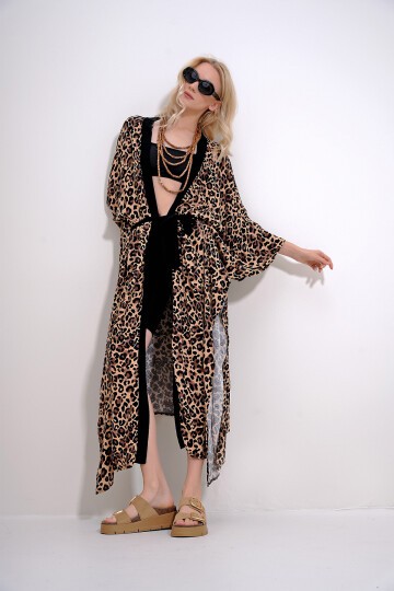 Bej Leopar Desenli Körük Kemerli Maxi Boy Kimono Kaftan