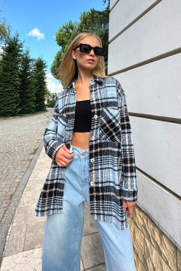 Mavi Siyah Ekose Desenli Kaşe Pamuklu Oversize Safari Ceket Gömlek