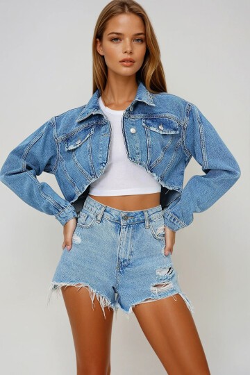 Mavi Yıpratmalı Vintage  Dikiş Detaylı Crop Jean Ceket