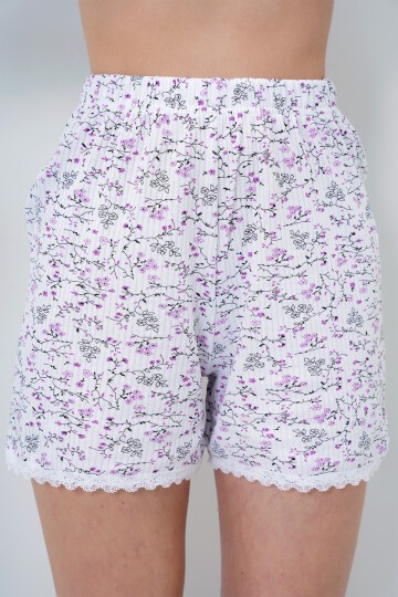 Mikro Çiçek Mor Fisto Detaylı Pamuklu Geniş Yaka Gömlek Ve Şortlu Pijama Takımı