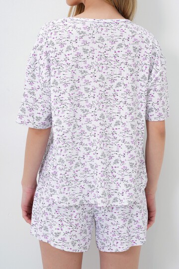 Mikro Çiçek Mor V Yaka Pamuklu Mikro Desenli T Shırt Ve Şortlu Pijama Takımı
