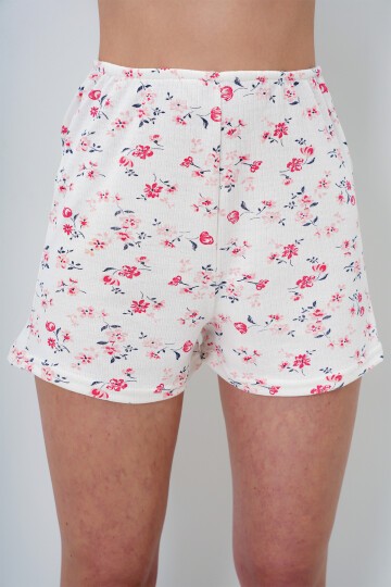 Mikro Çiçek Nar Bisiklet Yaka Pamuklu Fisto Detaylı Bluz Ve Şortlu Pijama Takımı