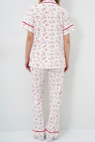 Mikro Çiçek Nar Tek Cepli Biye Detaylı Pamuklu Gömlek Ve Pantolonlu Pijama Takımı