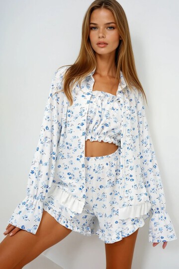Mikro Çiçek Saks Pamuklu Fırfır Detaylı Büstiyer Şort Ve Kimonolu 3Lü Pijama Takımı