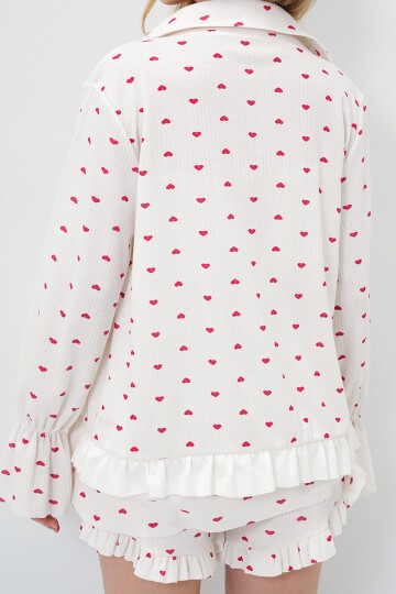 Mini Kalp Kırmızı Pamuklu Fırfır Detaylı Büstiyer Şort Ve Kimonolu 3Lü Pijama Takımı