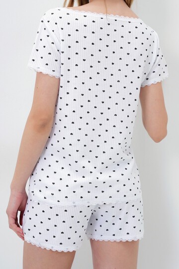 Mini Kalp Siyah Fisto Detaylı Pamuklu Geniş Yaka Gömlek Ve Şortlu Pijama Takımı