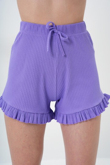 Mor Beli Ve Paçası Fırfır Detaylı Askılı Crop Bluz Ve Şortlu Pijama Takımı